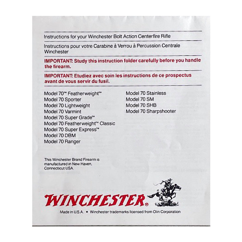 Owner&#39;s Manual for Winchester Model 70 post 64 - Canada Brass - 