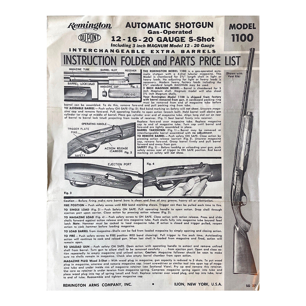 Remington Model 1100 12-16-20 ga Automatic shotgun owner's manual schematic and parts list - Canada Brass - 