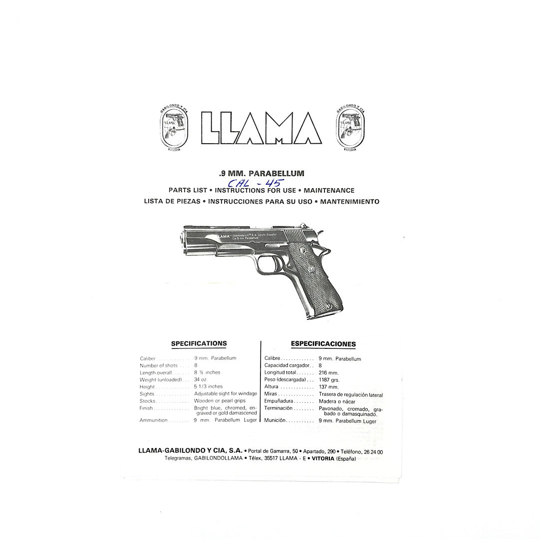 Llama 9mm parabellum instruction for use and parts schematic