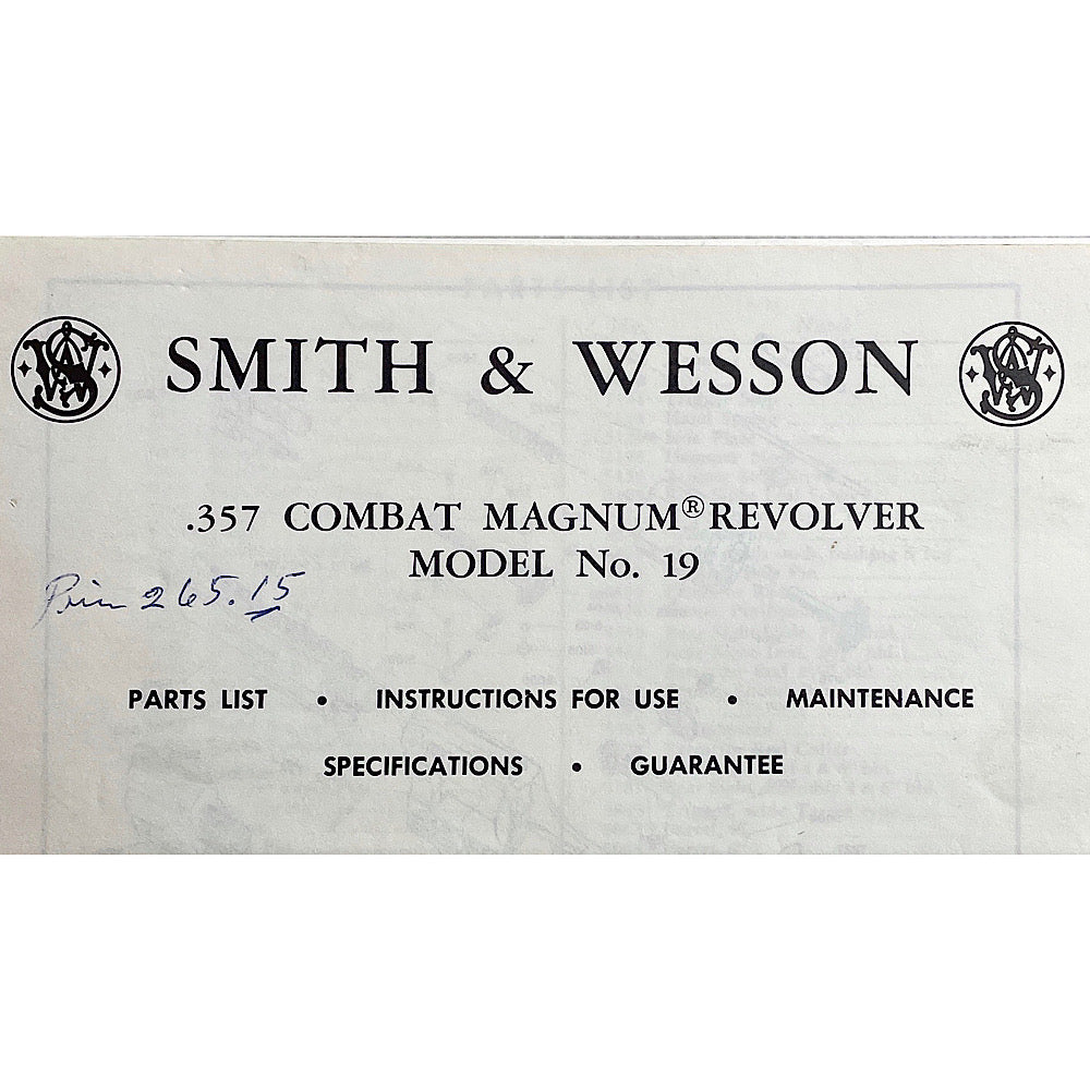 Smith & Wesson Model No. 19 .357 Combat Magnum Revolver Owner's Manual Original (some pen mark) - Canada Brass - 