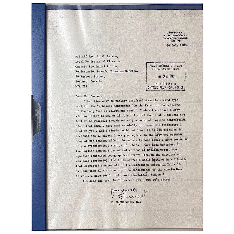 Assessment of the extend of coincidence of the long axis of bullet and case in loaded small arms ammunition by C.G. Stewart M.D. 24 pgs typed copy - Canada Brass - 