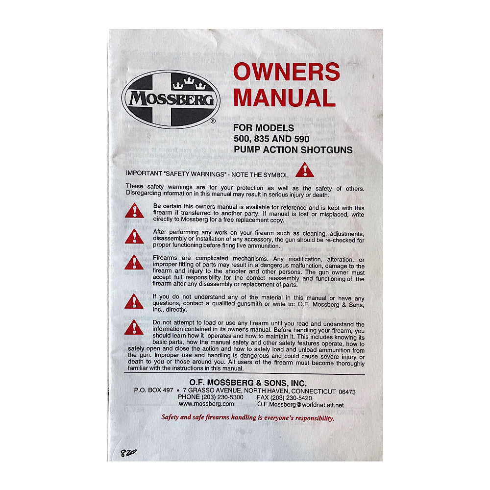 Mossberg Owners manual for Models 500, 835 and 590 Pump action shotguns - Canada Brass - 