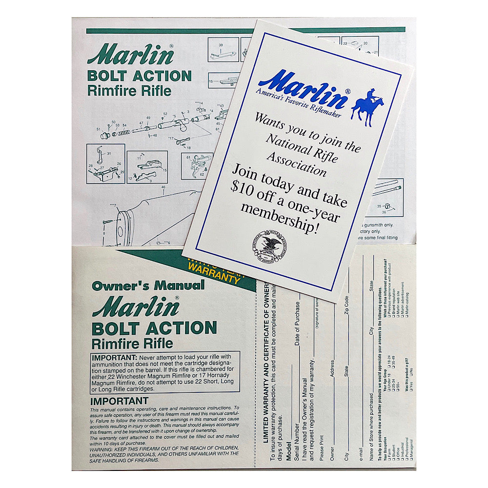 Marlin Owner&#39;s Manual for Bolt Action Rimfire Rifle - Canada Brass - 