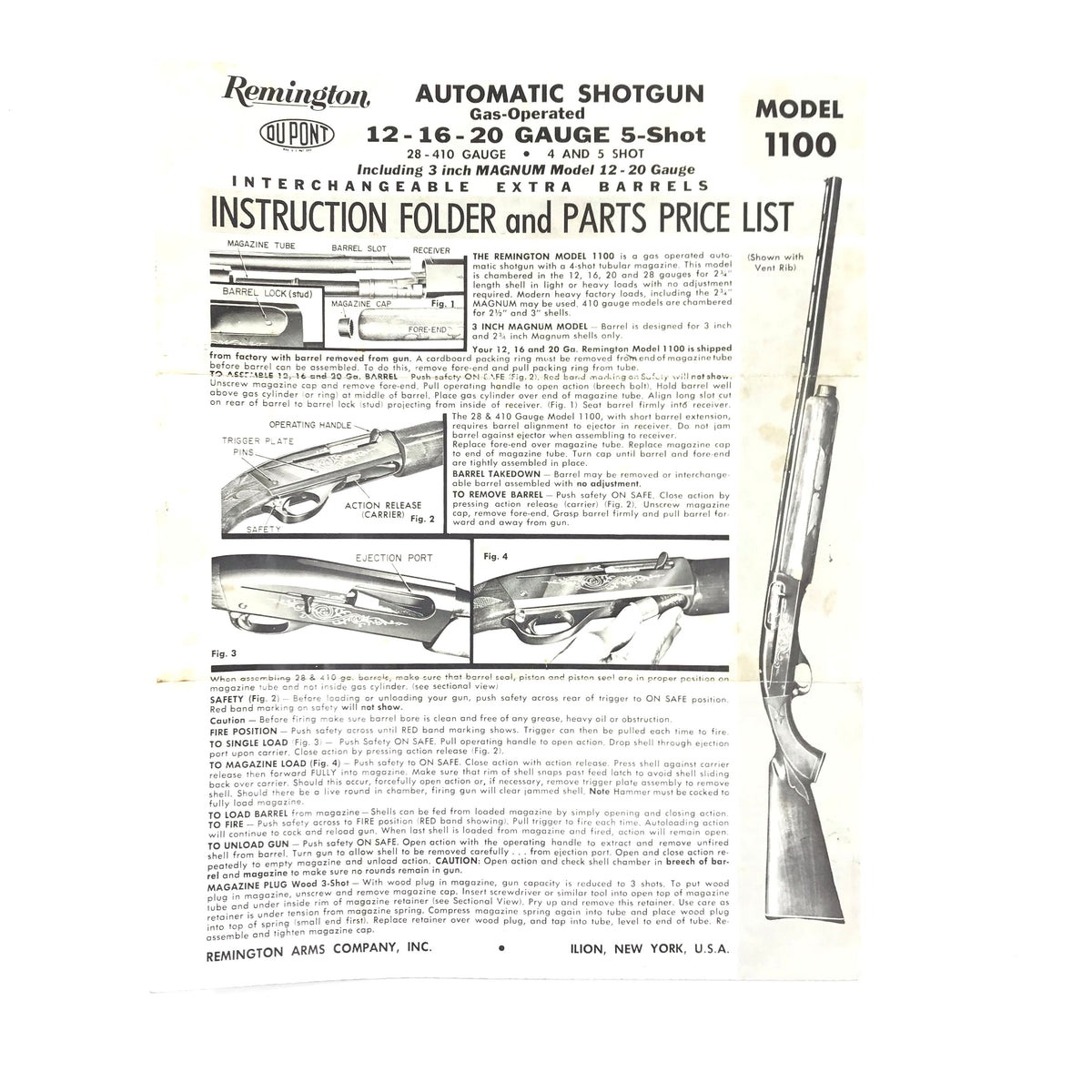 Remington Model 1100 Instruction Folder &amp; Parts Price List