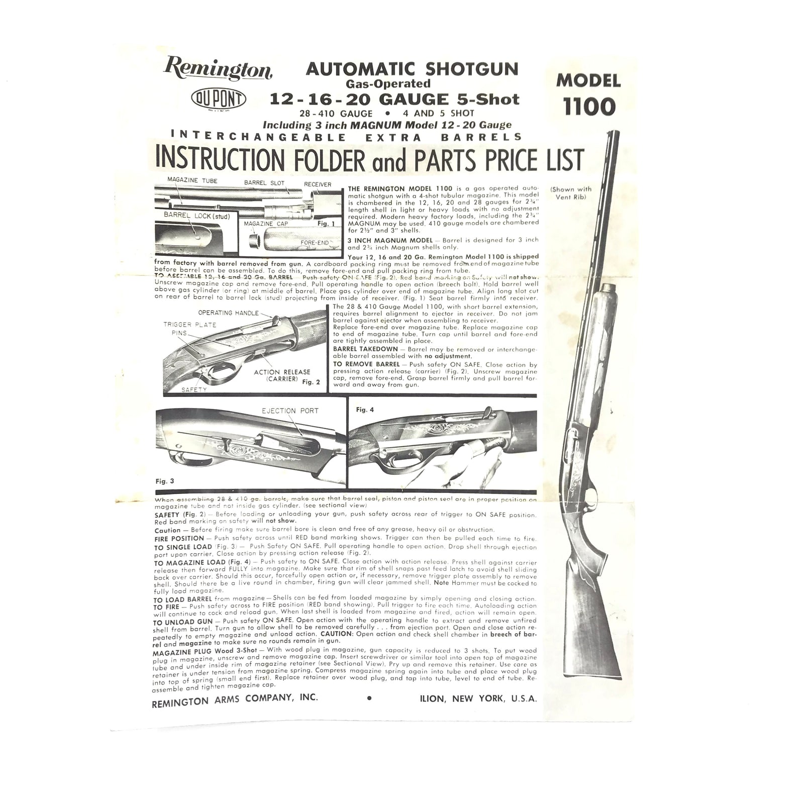 Remington Model 1100 Instruction Folder & Parts Price List