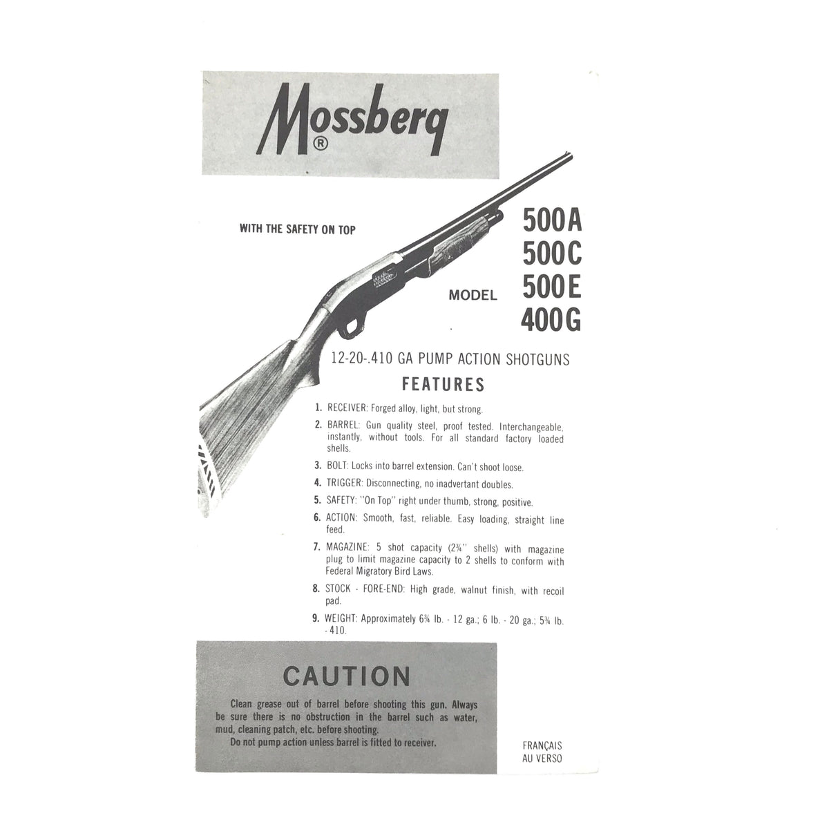 Mossberg Mod. 500A/500C/500E/400G Pump Action Shotguns Features Pamphlet