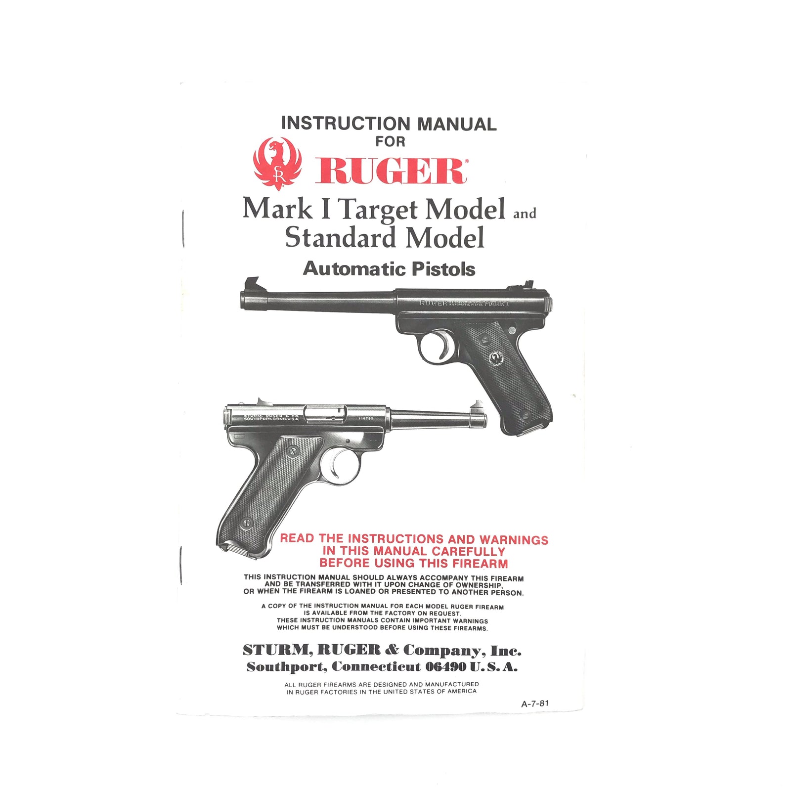 Ruger Instruction Manual Mark I Target Model & Standard Model (1981)