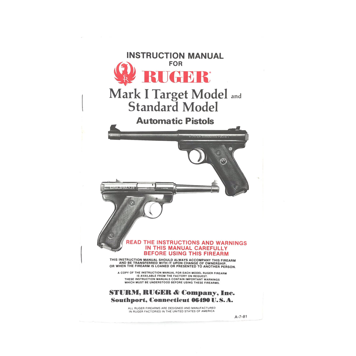 Ruger Instruction Manual Mark I Target Model &amp; Standard Model (1981)